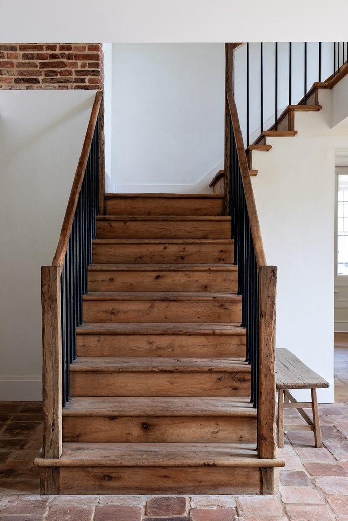 Rustic staircase featuring reclaimed wood steps and salvaged metal railing details