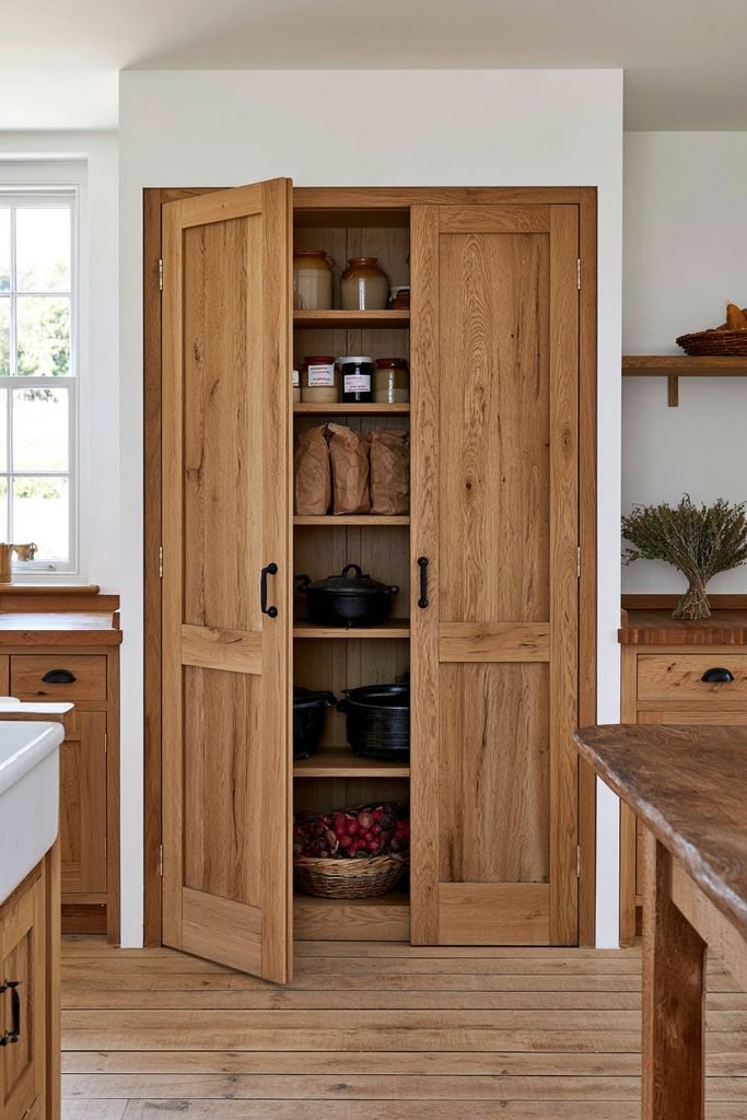 Rustic oak larder cupboard with natural timber grain, iron handles, storage jars, baskets, and farmhouse pantry supplies