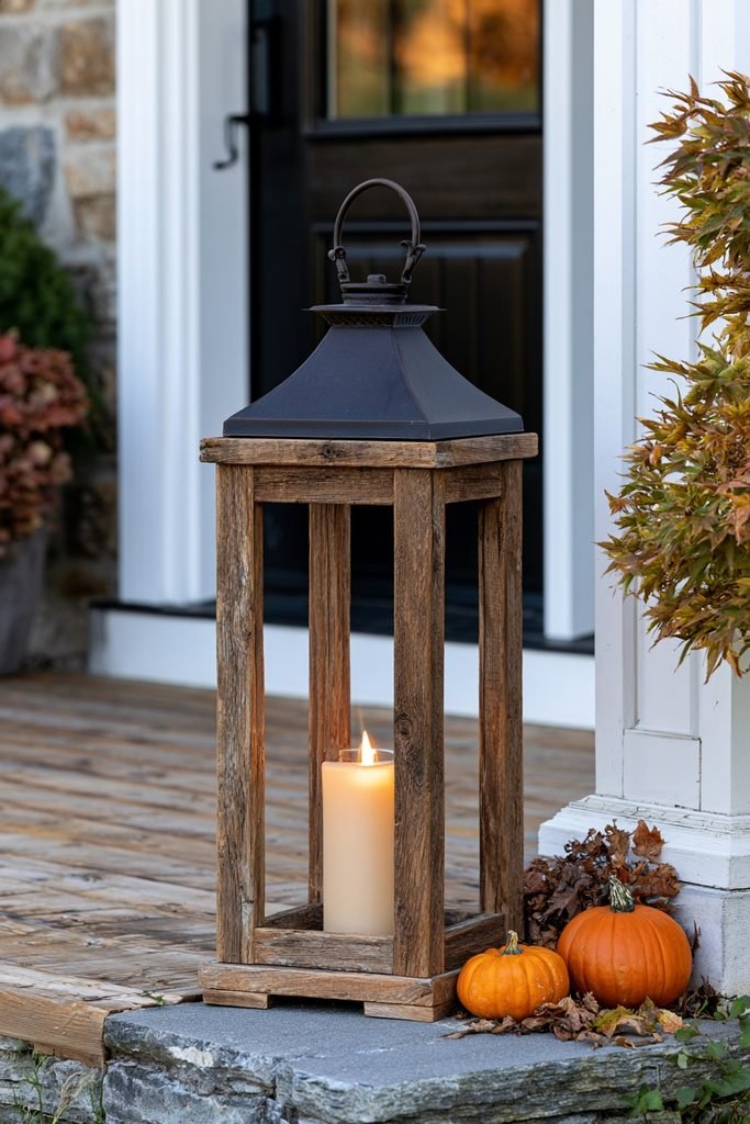 Rustic reclaimed wood lantern decorating a realistic farmhouse front porch for fall