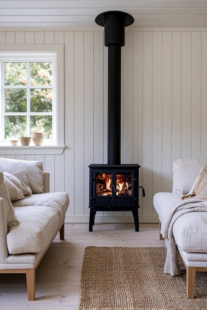 Scandinavian living room with a minimalist black log burner, pale oak cabinetry, beige sofa, ash wood chairs, wool rug, and clean white walls.