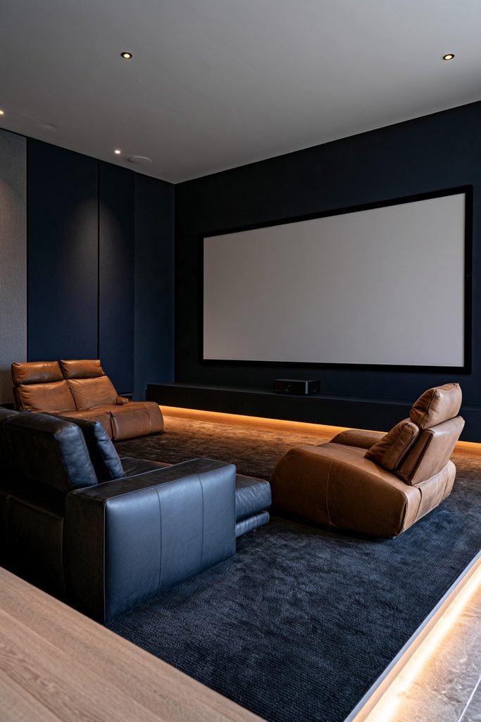 Small home theater with ultra-short-throw projector, wall-mounted screen, and screen-facing seating