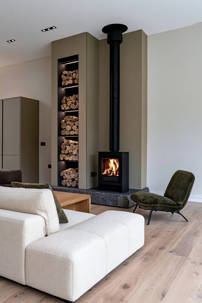 Modern rustic living room with a black log burner beside tall built-in firewood storage, stacked logs, cream sofa, green armchair, and natural timber flooring.