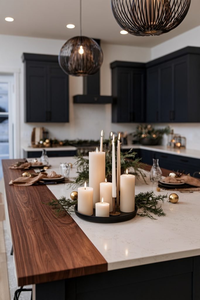 Pillar and taper candles arranged on a tray as Christmas kitchen centerpiece
