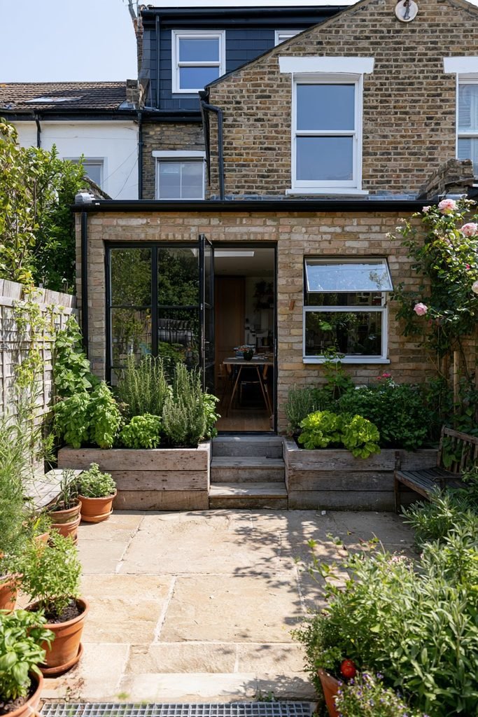 Family house courtyard with raised herb planters and edible container garden near the kitchen
