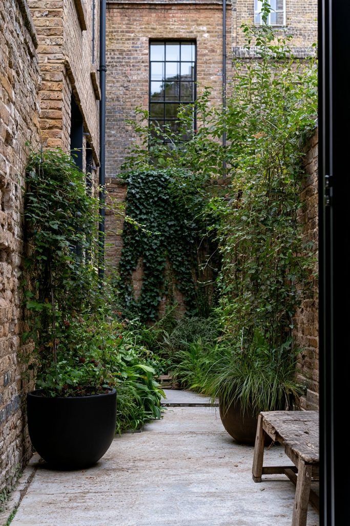 Modern townhouse courtyard with low-light climbing vines and compact outdoor seating
