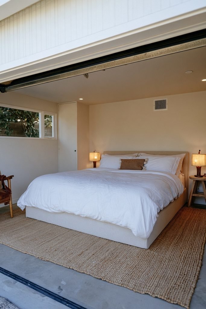 Cozy garage conversion guest bedroom with a full-size bed, closet storage, egress window, and warm layered lighting.