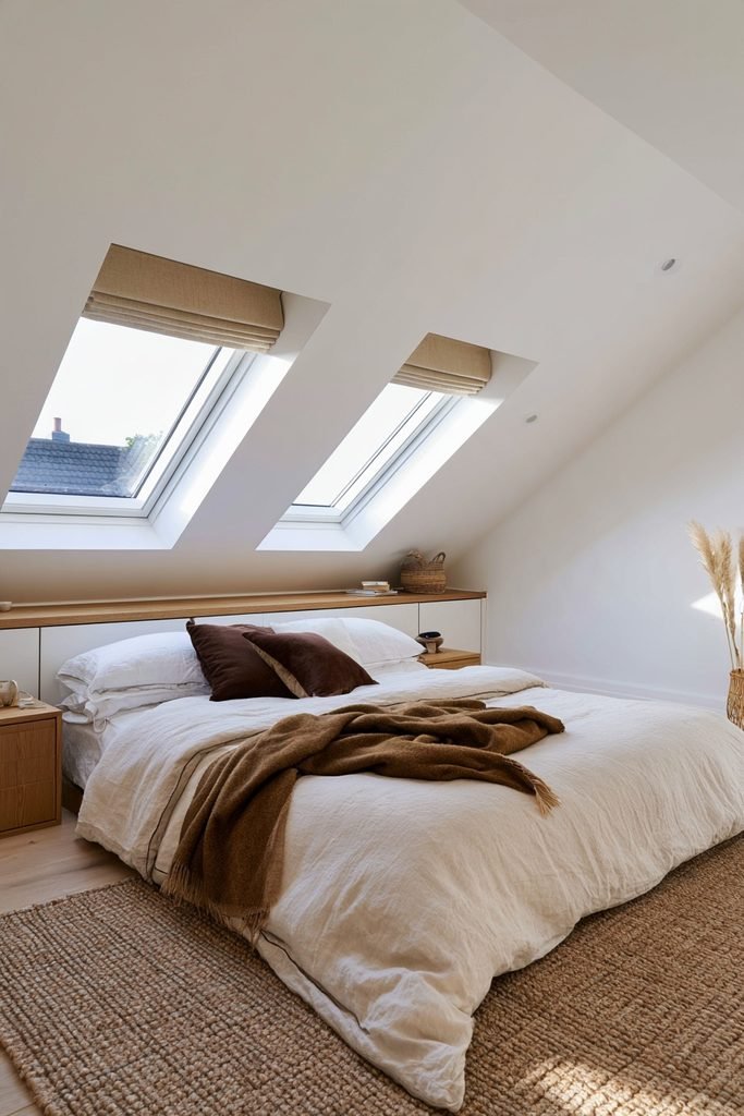 Small loft guest bedroom with pitched roof, low eaves, double bed, built-in storage, and cozy neutral decor