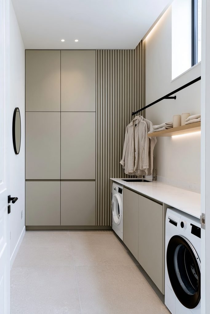 Minimalist handleless cabinetry in a compact contemporary townhouse utility room