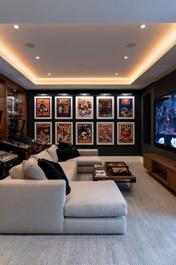 Modern basement game room with a curated wall of framed vintage game posters, contemporary sectional, gaming screen, pinball machine, collectibles, and warm lighting.