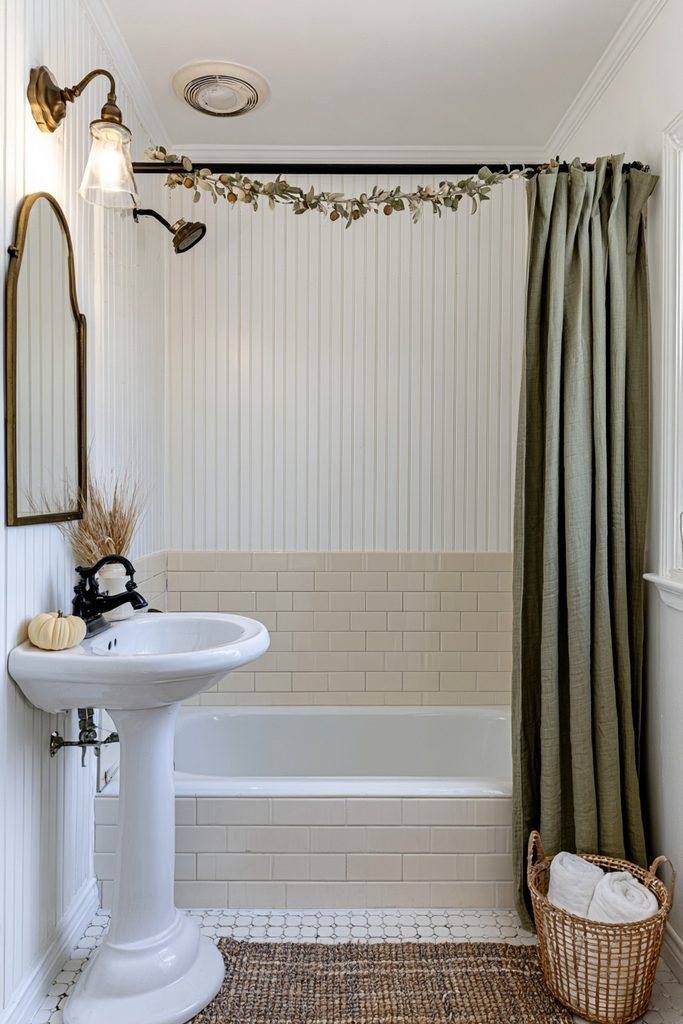 Small bathroom with an autumn leaf garland draped over the shower curtain rod