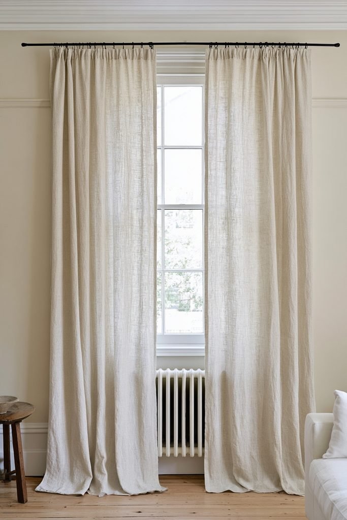 Lightweight linen fabric curtain covering a radiator in a renter-friendly living room