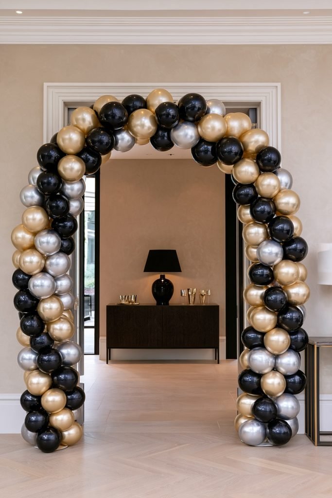 Modern New Year's Eve entryway featuring a gold, black, and silver metallic balloon arch