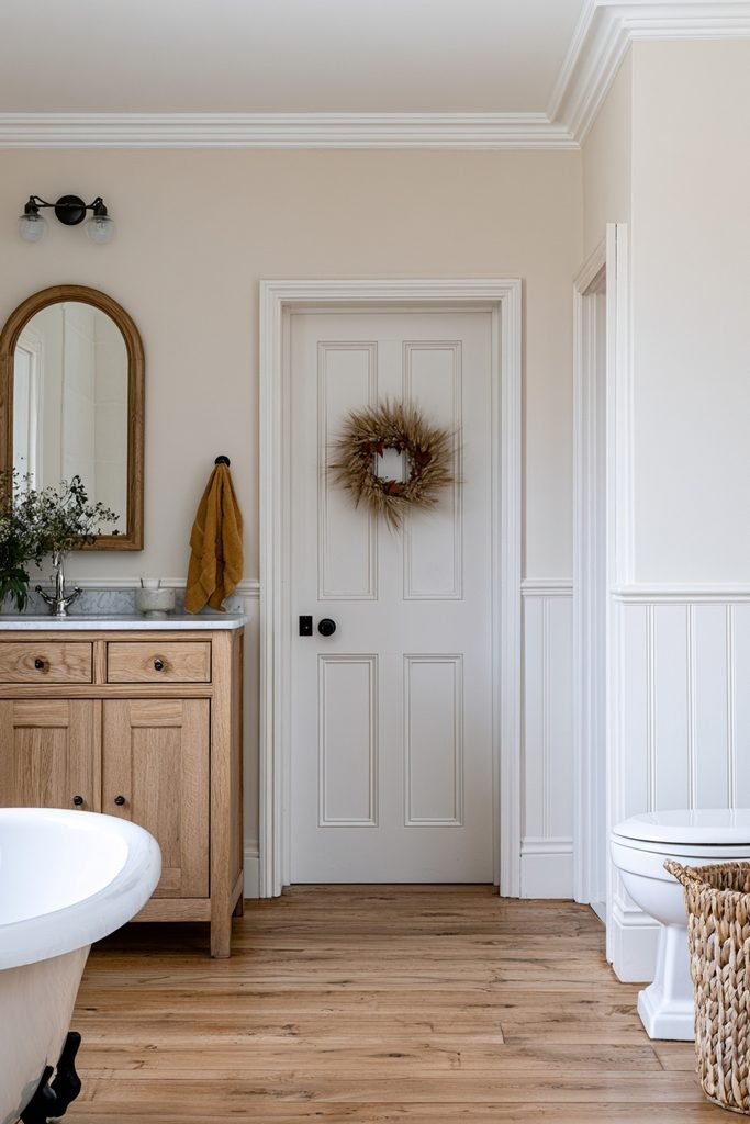 Small fall bathroom with a dried leaf and wheat wreath hanging on the mirror