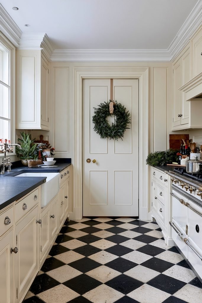 Evergreen Christmas wreath decorating a kitchen pantry door