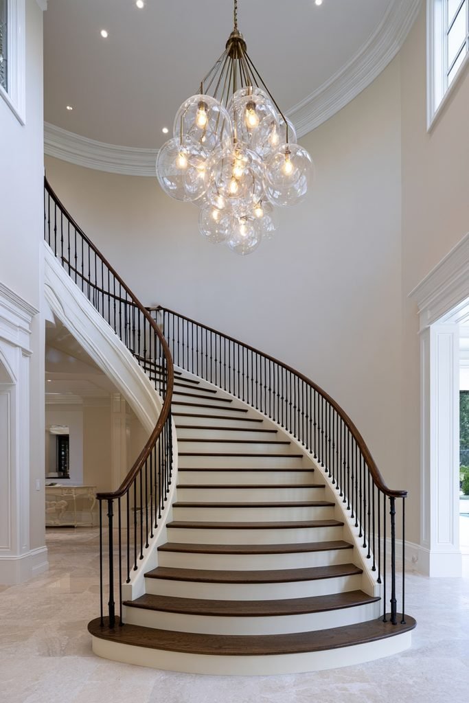 Elegant staircase with oversized glass pendant chandelier in a tall stairwell