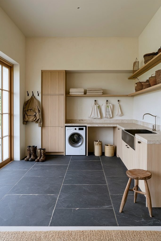 Durable slate-effect porcelain tile floor in a practical utility and mudroom