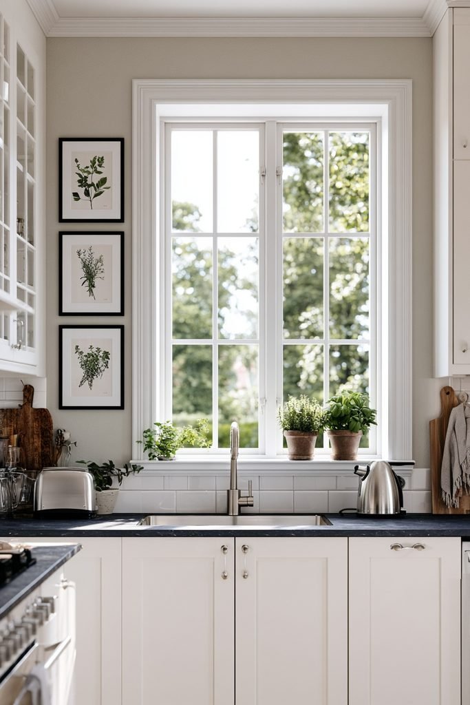 Framed botanical herb print set arranged on a kitchen wall beside a sunny window and fresh herbs.