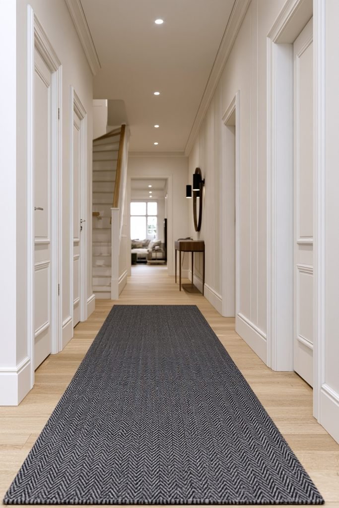 Grey herringbone hallway runner on an upstairs landing with oak floors, bedroom doors, staircase railing, artwork, and wall sconces.