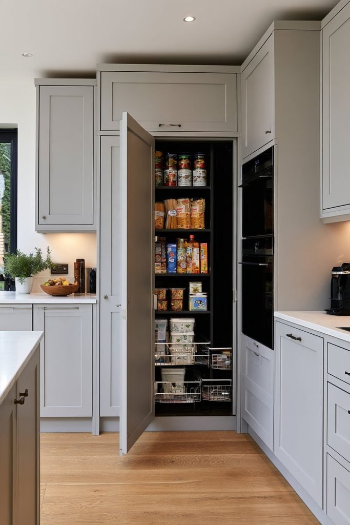 Built-in hidden larder cupboard matching surrounding kitchen cabinetry with adjustable shelves and pull-out baskets