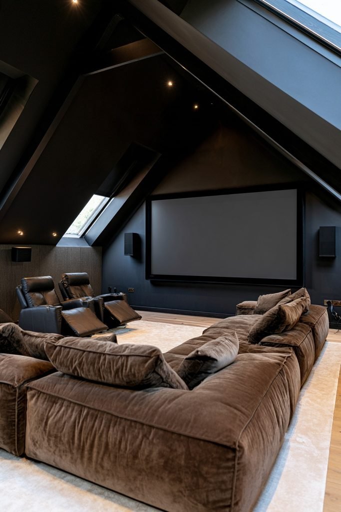 Compact loft home cinema with sloped ceiling, dark acoustic walls, three-seat sofa, and wall-mounted projector screen