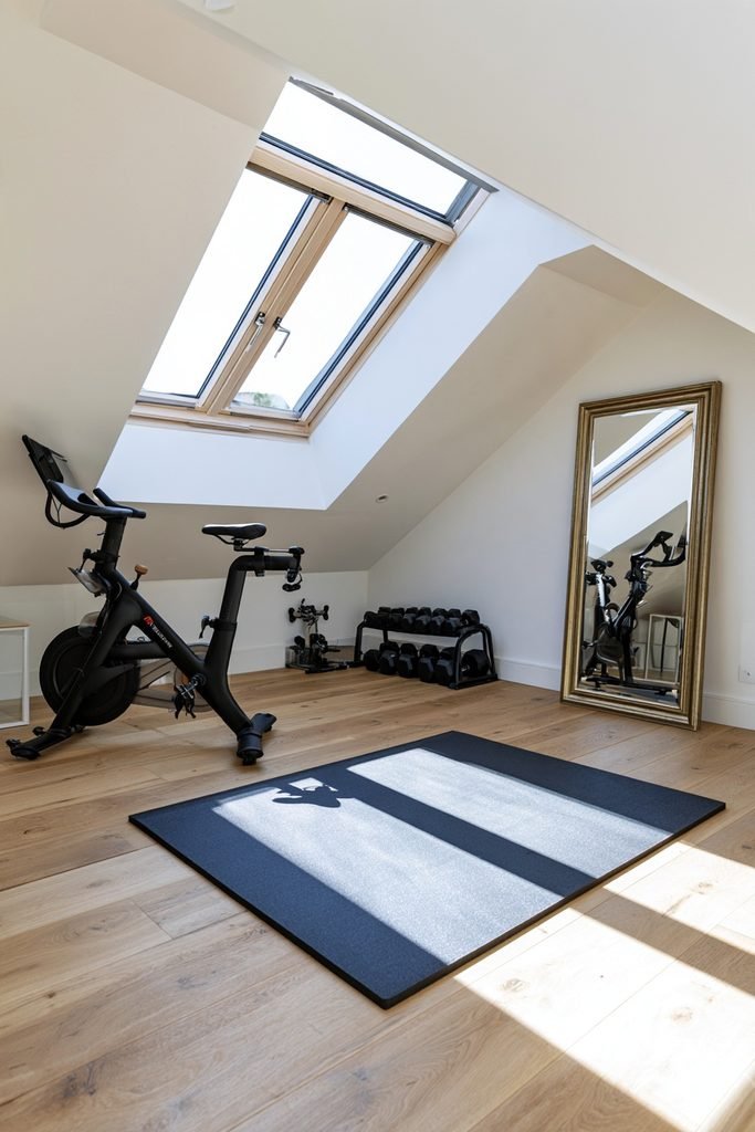 Small loft home gym with pitched roof, yoga mat, exercise bike, dumbbell storage, mirror, and rubber flooring