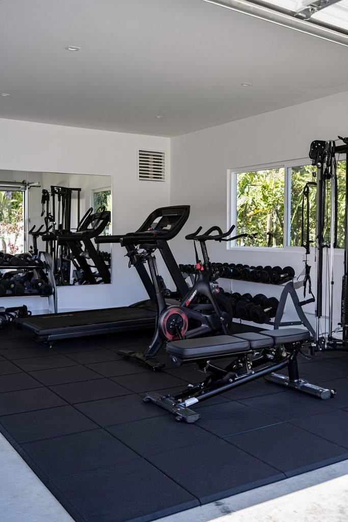 Garage conversion home gym with rubber flooring, wall mirrors, cardio equipment, free weights, and separate workout zones.