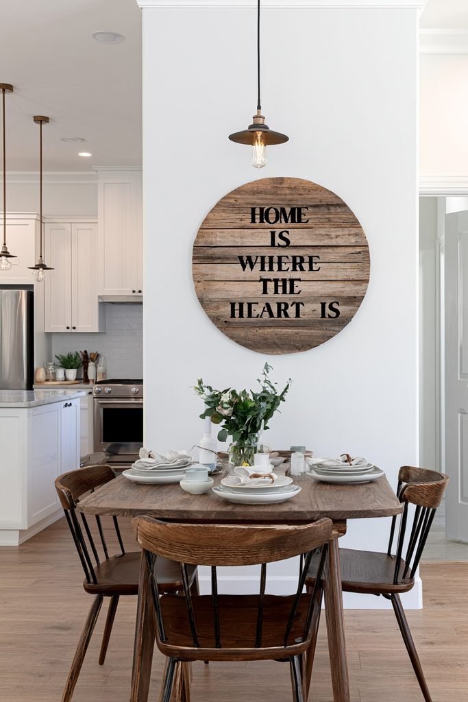 Rustic "Home Is Where the Heart Is" wooden sign mounted beside a cozy breakfast nook in a warm traditional kitchen