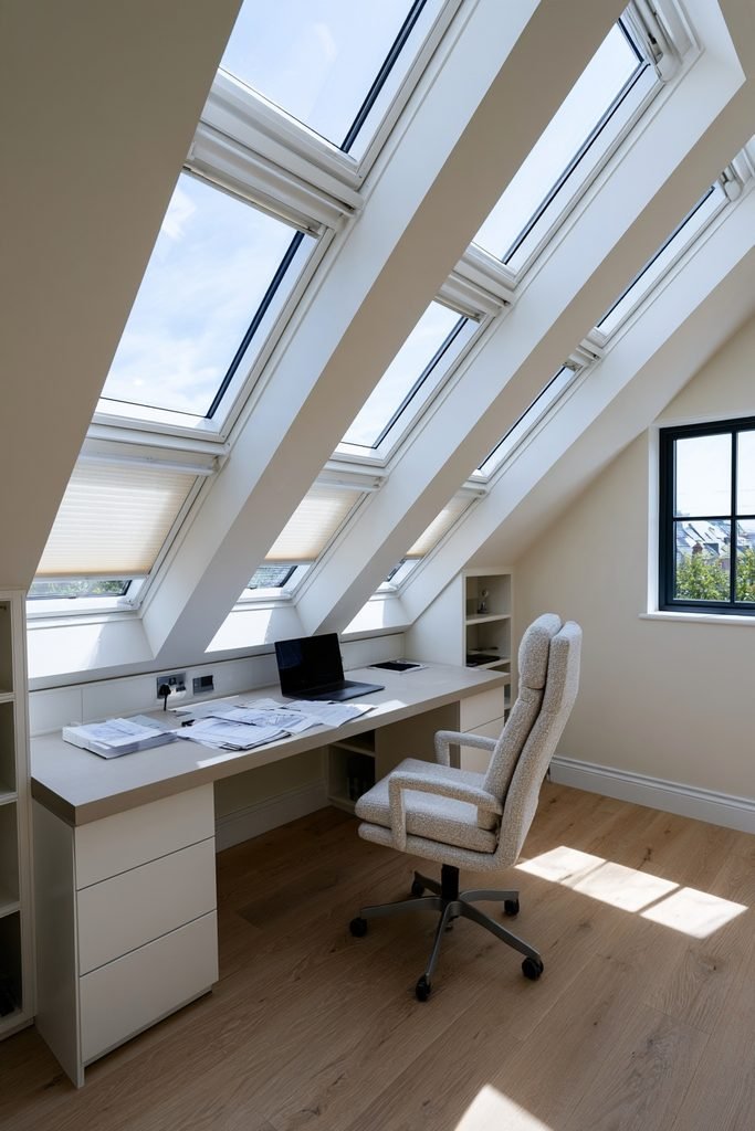 Small loft home office with pitched roof, built-in desk, eaves storage, rooflight, and natural wood finishes