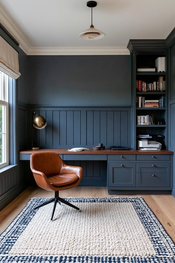 Muted blue wainscoting and matching built-in cabinetry in a calm home office with a wooden desk and organized workspace