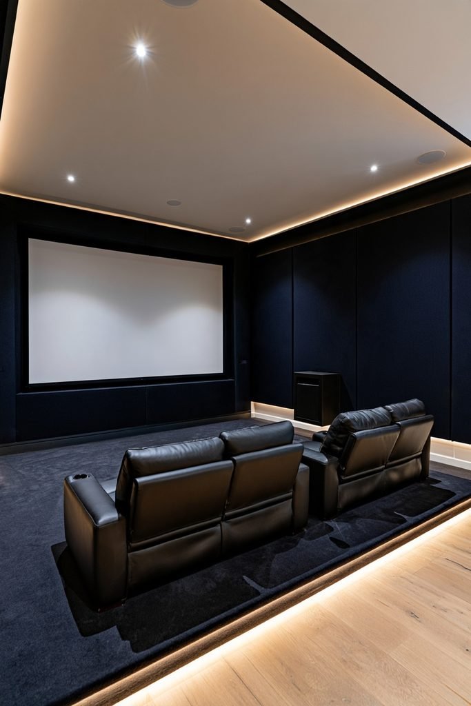 Garage conversion home theater with a projection screen, two rows of recliners, dark acoustic walls, and dimmable lighting.