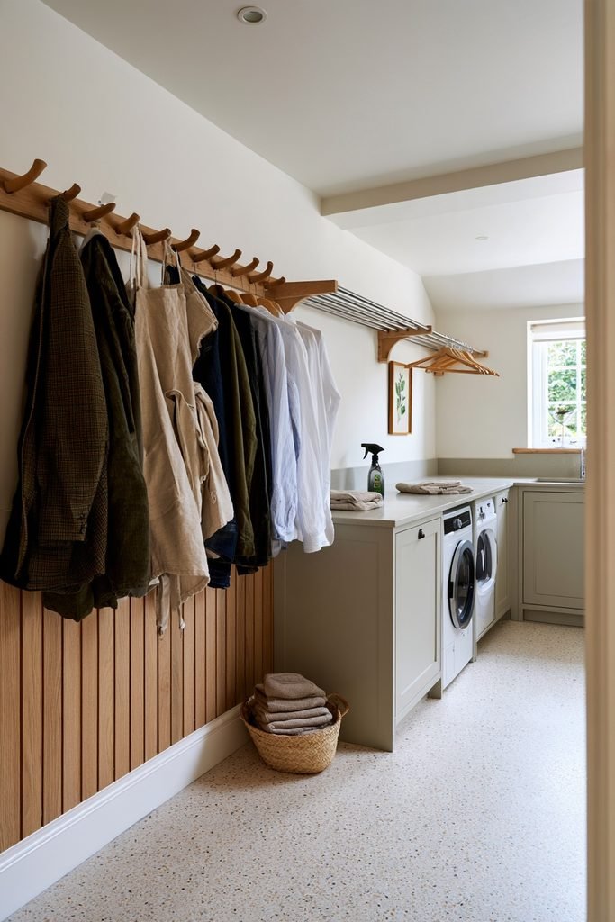 Utility room wall with practical hooks and hanging rails for coats, laundry bags and clothing