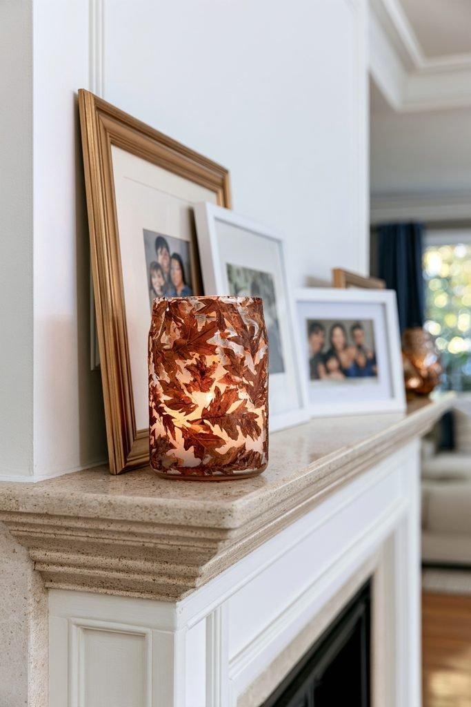 DIY glass candle jars covered with colorful autumn leaves displayed in a realistic fall mantel arrangement.