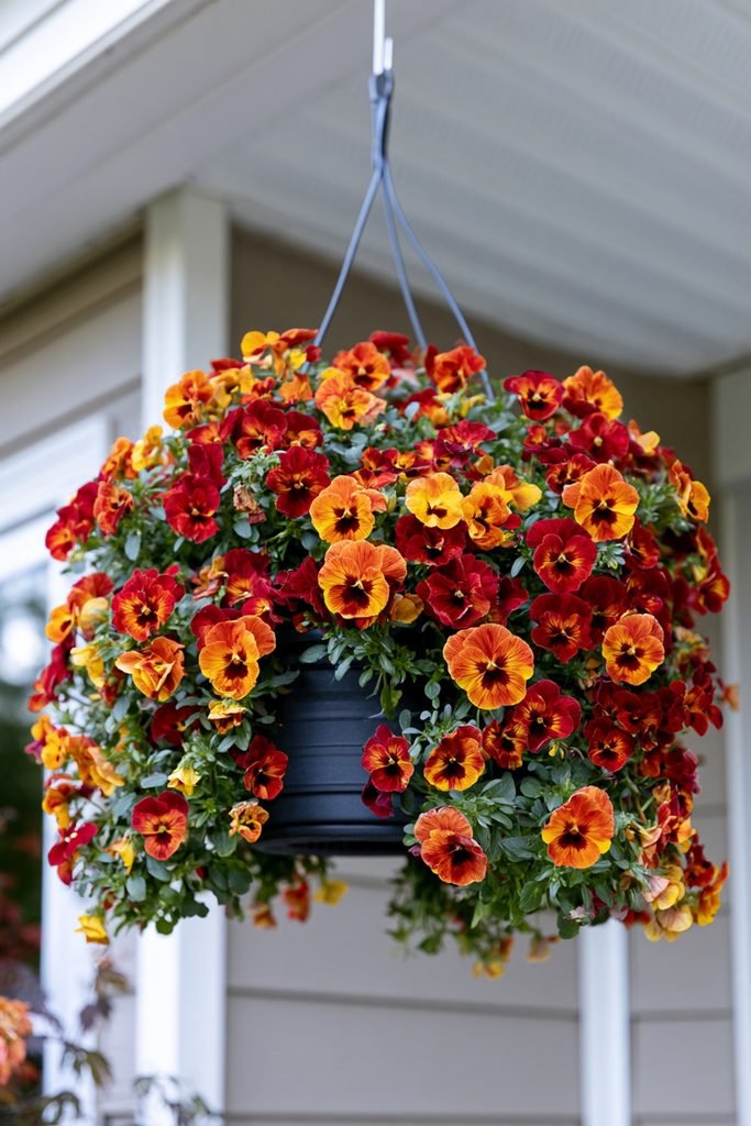 Cool Wave Fire pansies cascading from a colorful fall hanging basket on a front porch