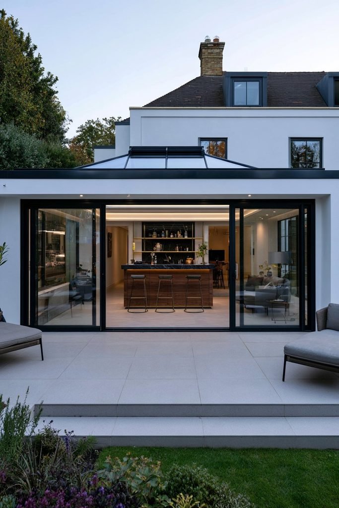 Stylish orangery bar area with a compact walnut bar, seating, and access to the garden terrace.