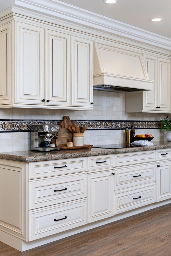 Elegant kitchen featuring a neutral tile backsplash with a colorful patterned horizontal accent band.