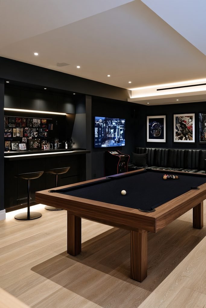 Modern home game room with a compact wet bar, contemporary bar stools, pool table, gaming screen, arcade cabinet, acoustic panels, and warm LED lighting.