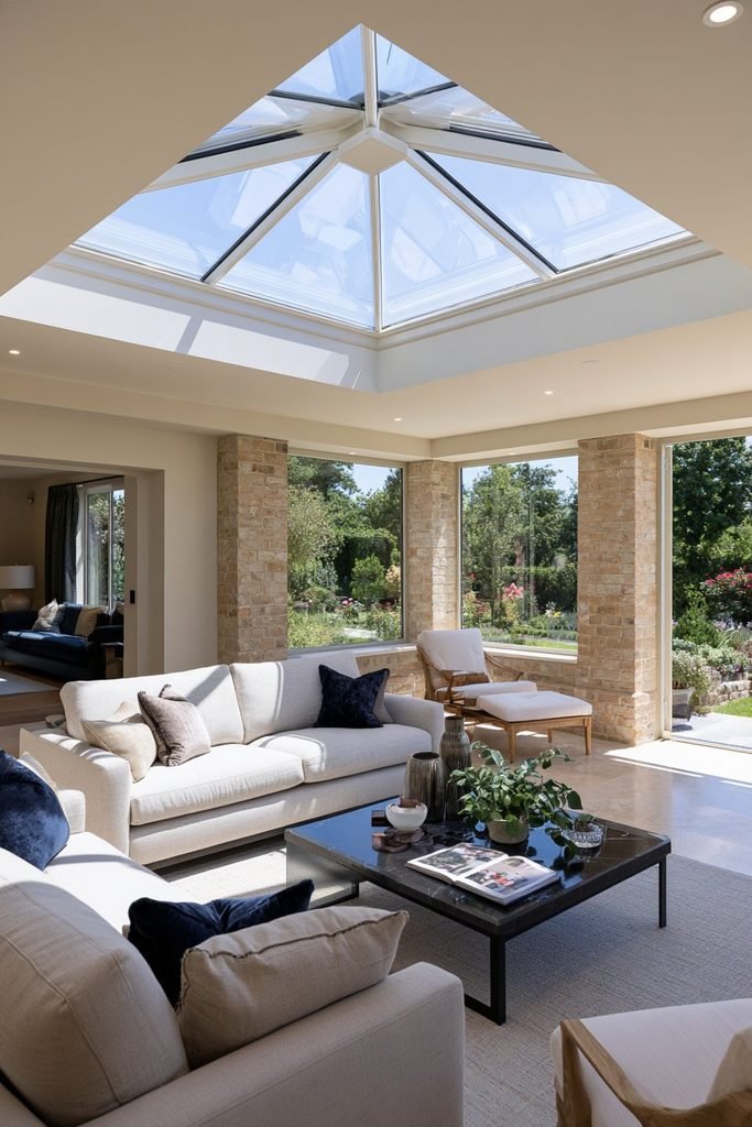 Elegant orangery extension featuring a central roof lantern above a comfortable seating area.