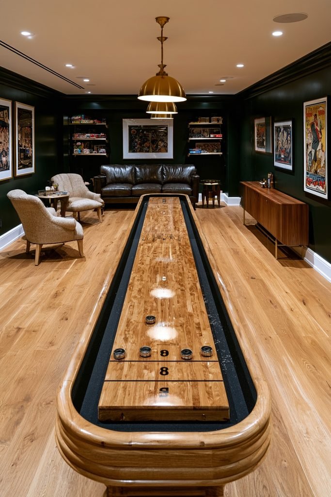 Compact modern basement game room with a tabletop shuffleboard, contemporary seating, dartboard, gaming display, and warm wood accents.