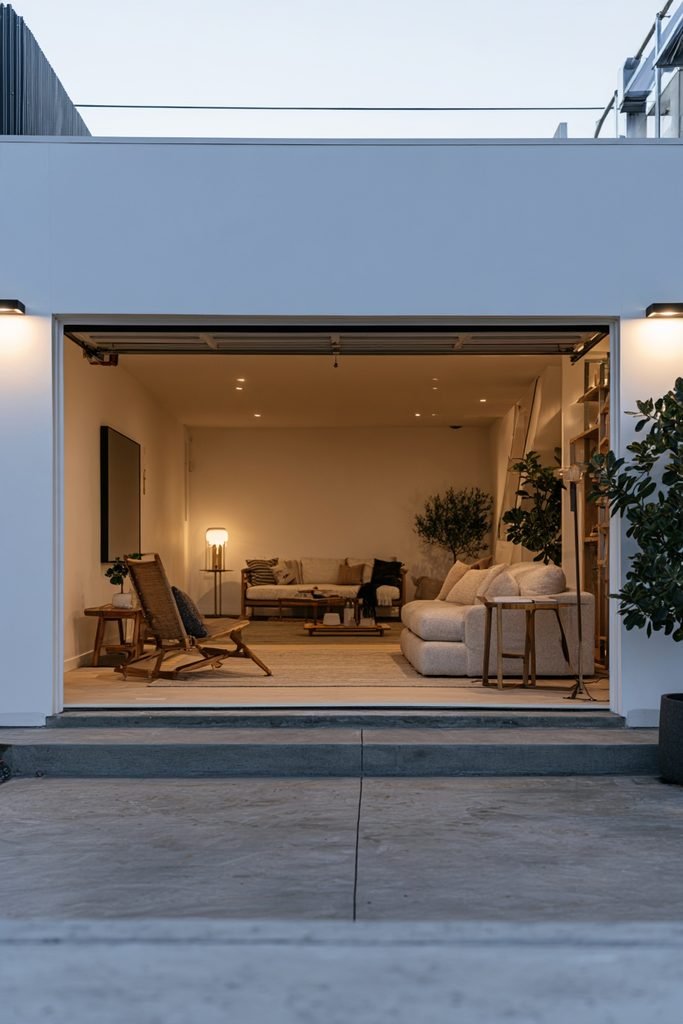 Garage conversion showing an insulated raised floor with a finished surface, original concrete slab threshold, and newly renovated interior.
