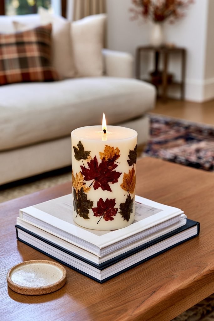 Pressed autumn leaf pillar candles grouped in a realistic fall candle arrangement on a living room coffee table.