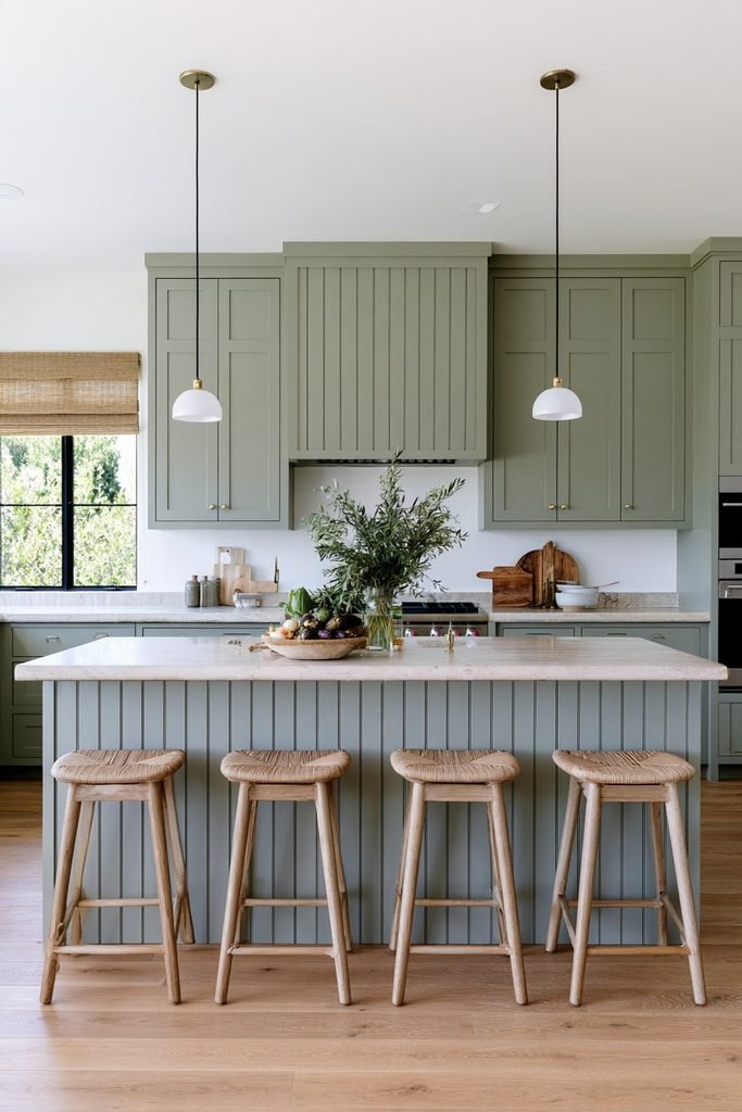 Sage green vertical shiplap kitchen island front surrounded by shaker cabinets, natural wood flooring, stone countertops, and woven counter stools.