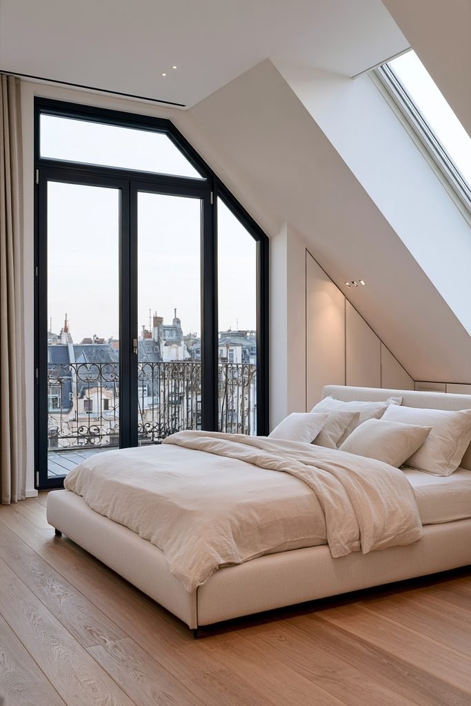 Compact loft bedroom with pitched roof, rear Juliet balcony doors, double bed, eaves wardrobes, and natural oak flooring