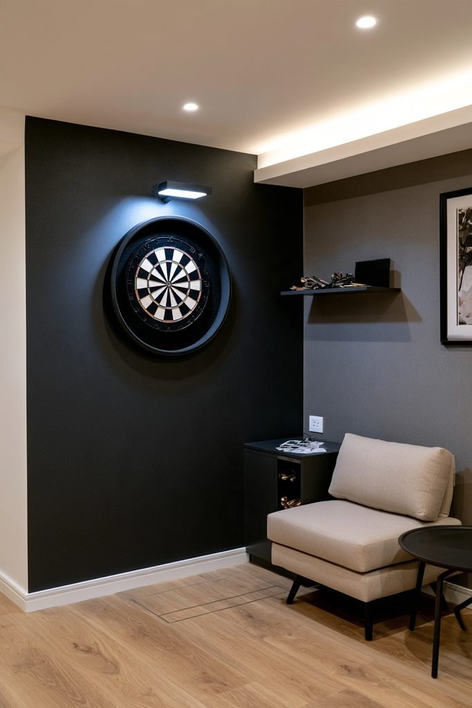Compact basement game room with a professionally illuminated dartboard, shadow-free lighting, acoustic wall panels, gaming seating, and arcade machine.
