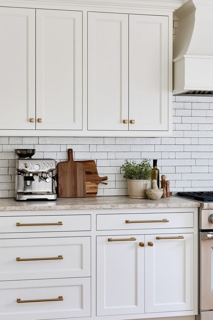Classic white subway tile kitchen backsplash in a running bond pattern with white cabinets and realistic countertop accessories.