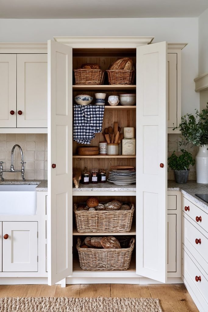 Classic cream Shaker larder cupboard with wicker baskets, labeled jars, timber shelves, and cottage kitchen storage