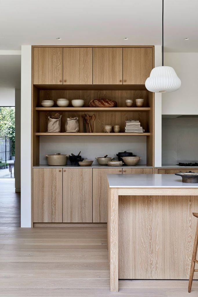 Scandinavian larder cupboard with pale timber shelves, minimalist cabinetry, glass jars, bowls, and organized food storage