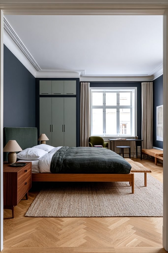 Minimal Scandinavian bedroom with clutter-free nightstands, warm gray walls, oak bed, and simple natural decor