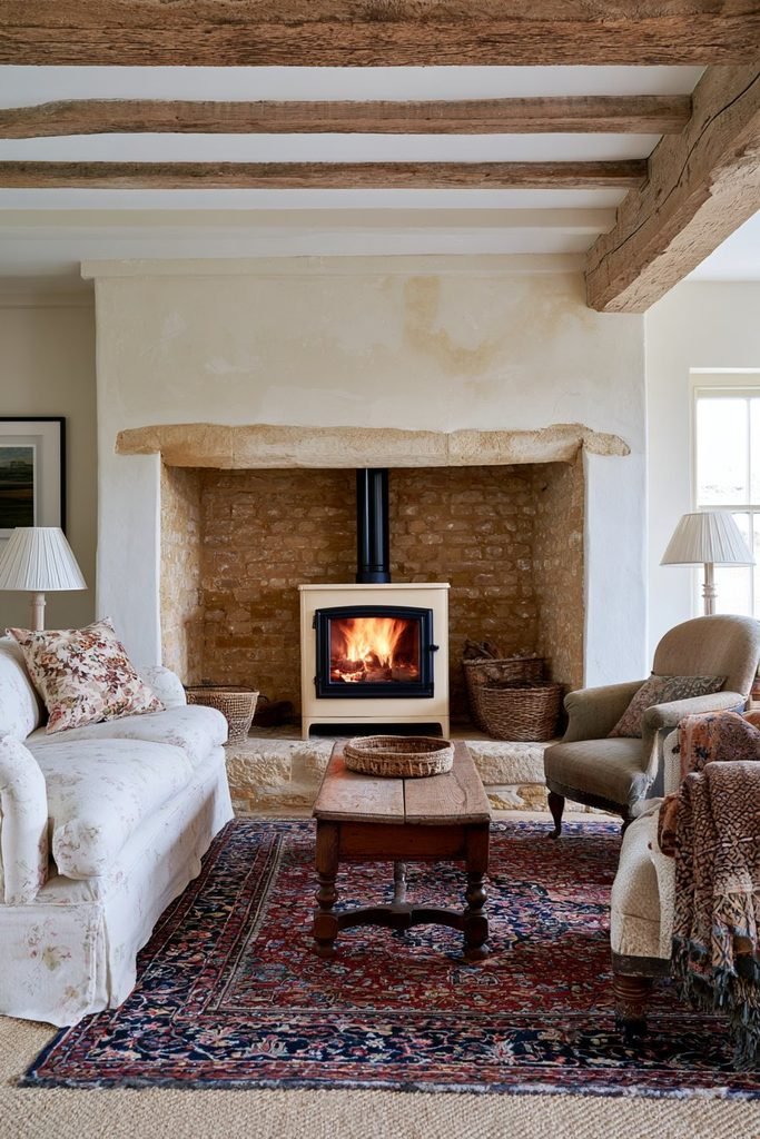 Cottage living room with a traditional cream log burner set against an exposed brick chimney breast, timber beams, floral seating, and rustic decor.