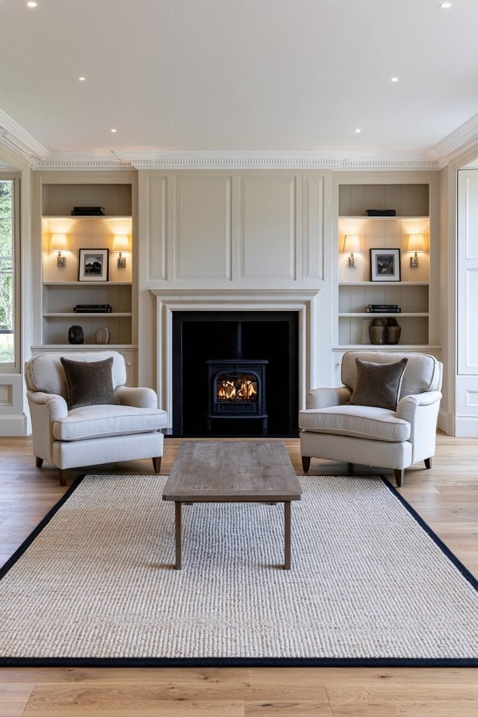 Symmetrical living room with a centrally positioned black log burner, matching built-in shelving, brass wall sconces, cream sofa, and two matching green armchairs.