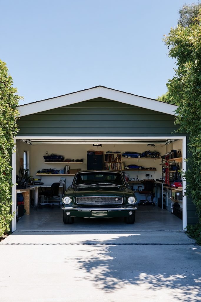 Garage conversion combining a classic car parking bay with a compact workstation, reading nook, storage shelves, and model cars.